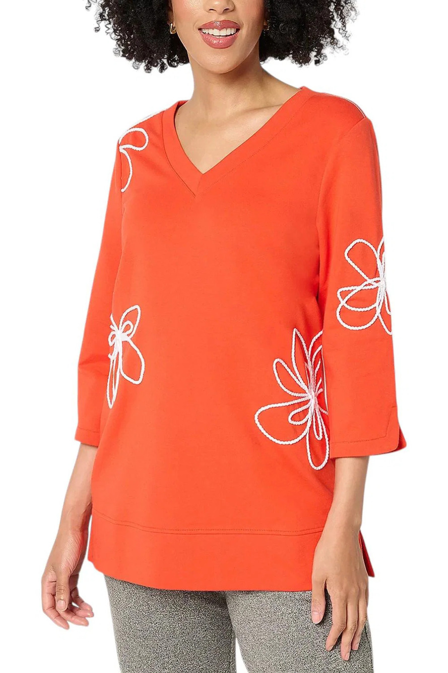Sport Savvy Women's French Terry VNeck Top w Floral Sunset Red - Regular